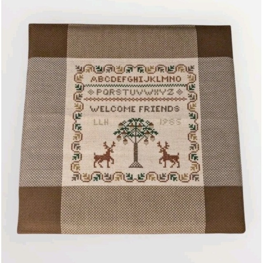 80s Cross Stitch Sampler Deer Unframed Welcome Friends Bonnie Barron Hopscotch